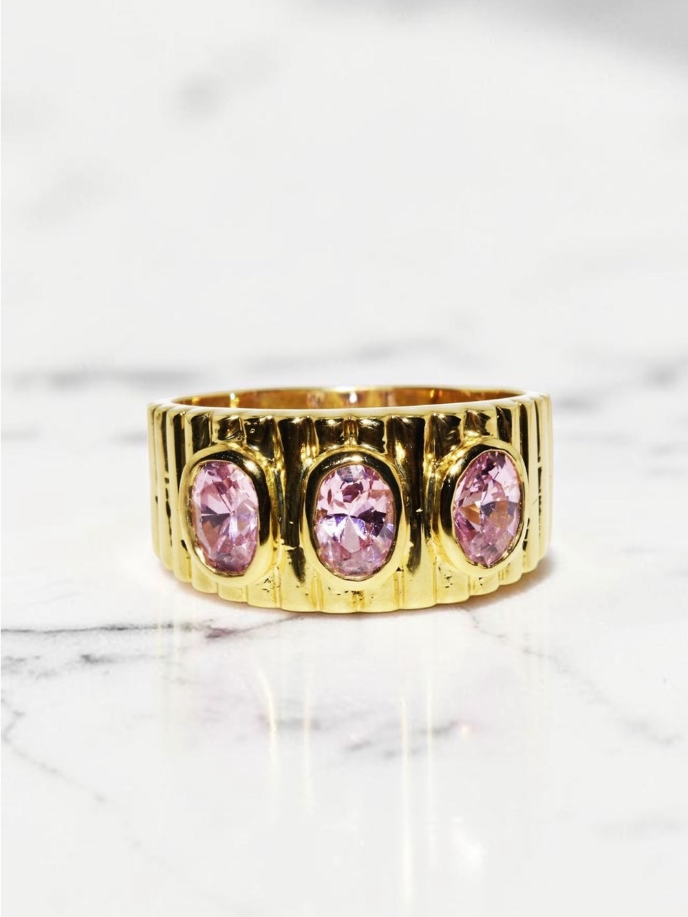Pink Lab Sapphire 3 Stone Ring Gold Plated Sterling Silver Oval Cocktail Sz 8
